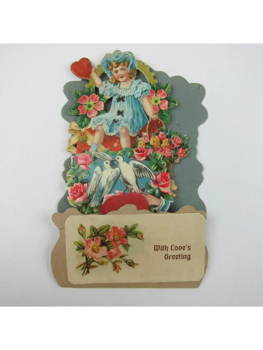 Vintage Valentine Honeycomb 3D Pop Up Die Cut Blonde Girl Blue Dress Dove Flower